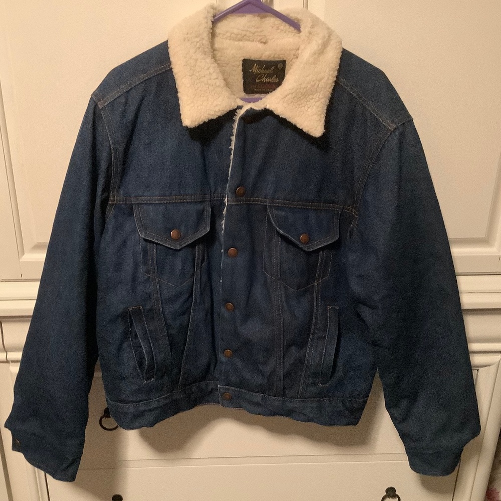 Men’s size 42 Denim Sherpa Michael Charles USA Mens Snap up Winter Coat, trucker